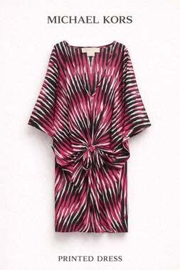 Michael Kors Abstract Batwing Poncho Blouse Tie Waist Kimono Pink Black L/XL